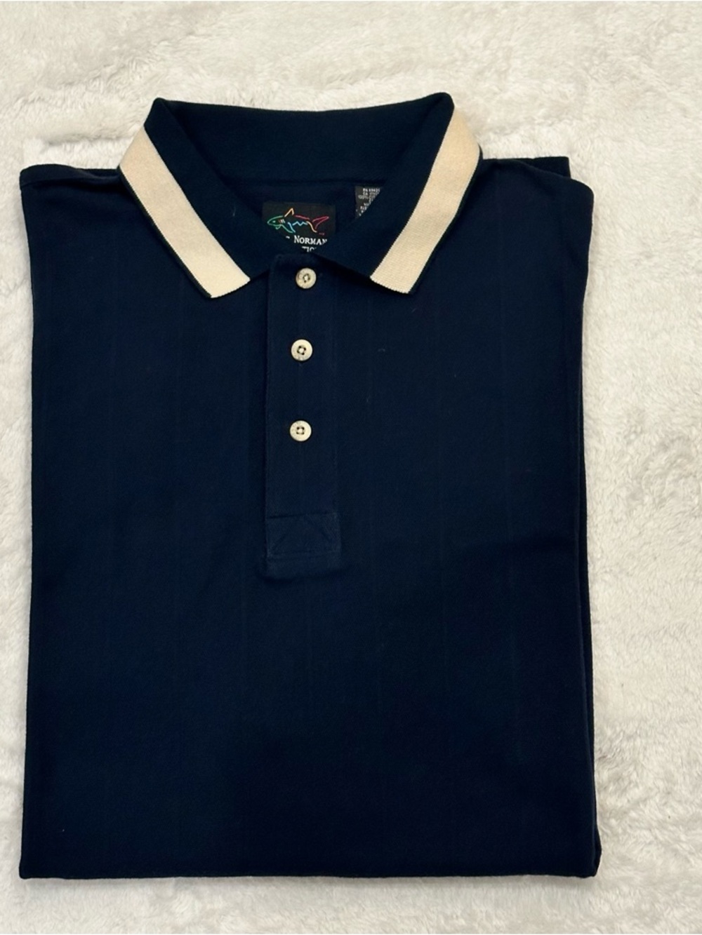 VNTG Greg Norman Shark 3D Knit Polo Shirt Navy Cream "Coogi Style" Mens XXL